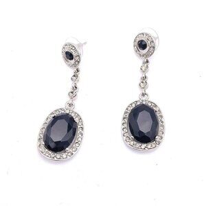 Dangle Drop Rhinestone Faceted Black Stone Earrings Oval Shape Silver Tone 2